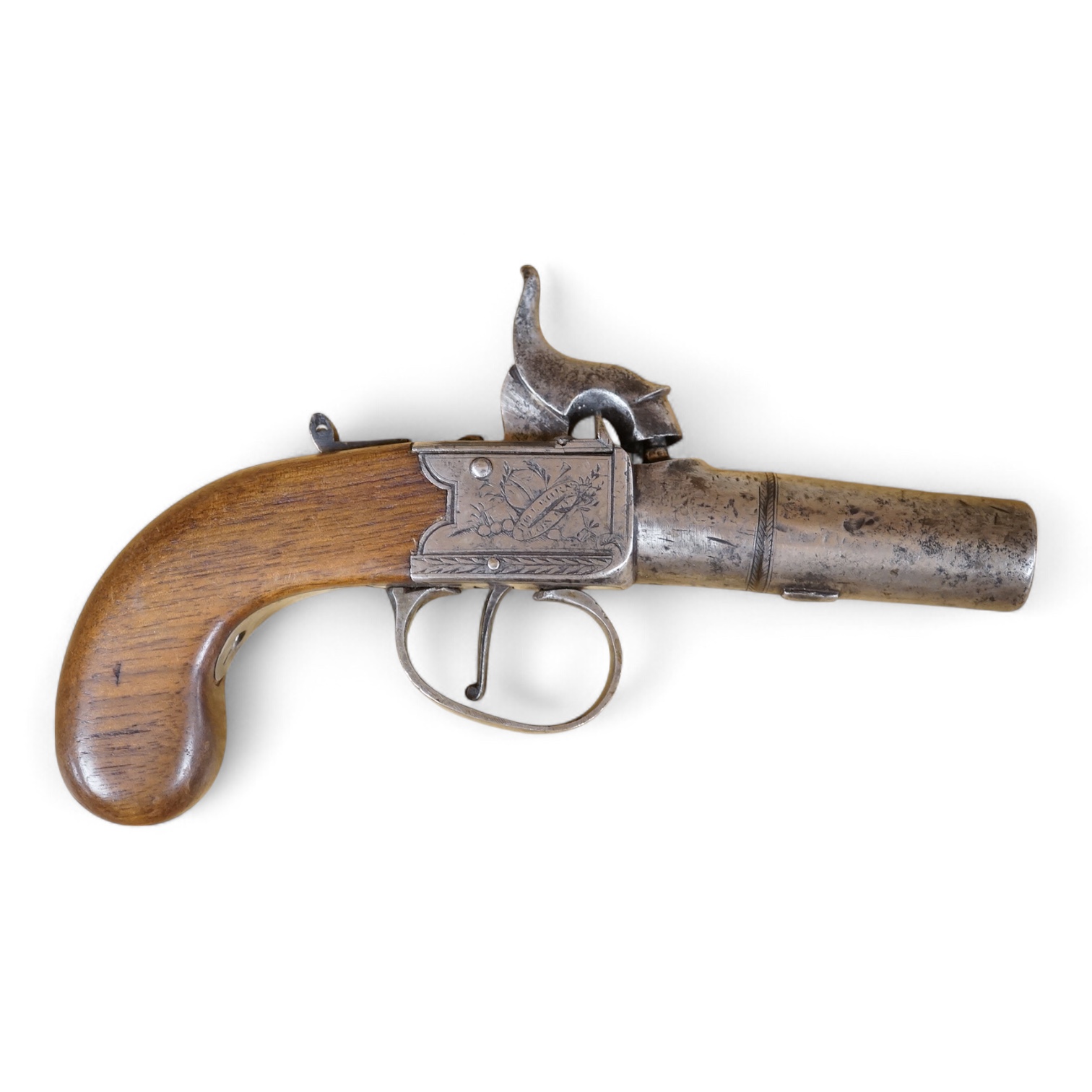 A boxlock percussion pocket pistol with turn off barrel, liege proof, frame engraved; Stevens, Holborn, London